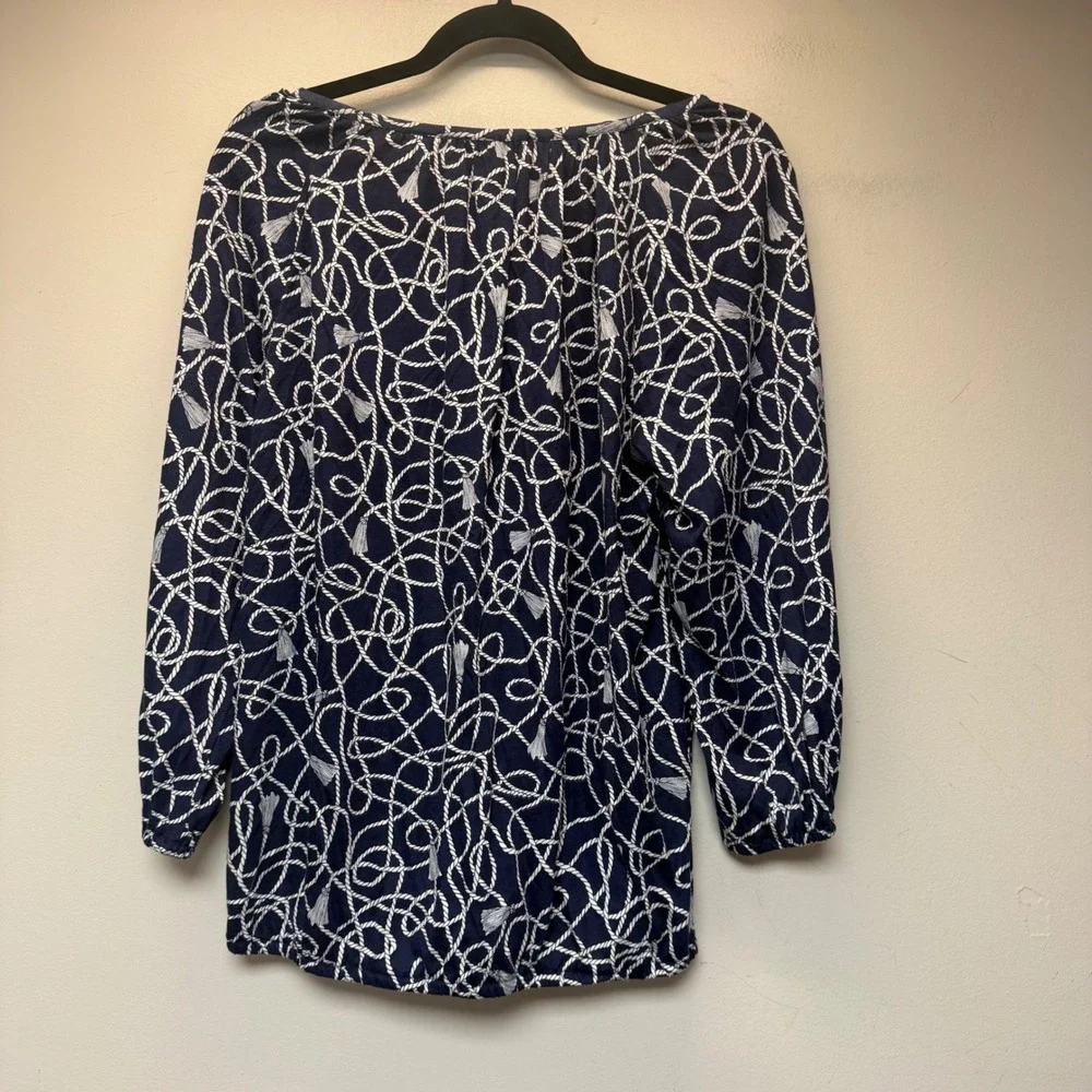 Michael Kors Peasant Top Womens M Navy New Nautical Rope Tassel Print QS15423337